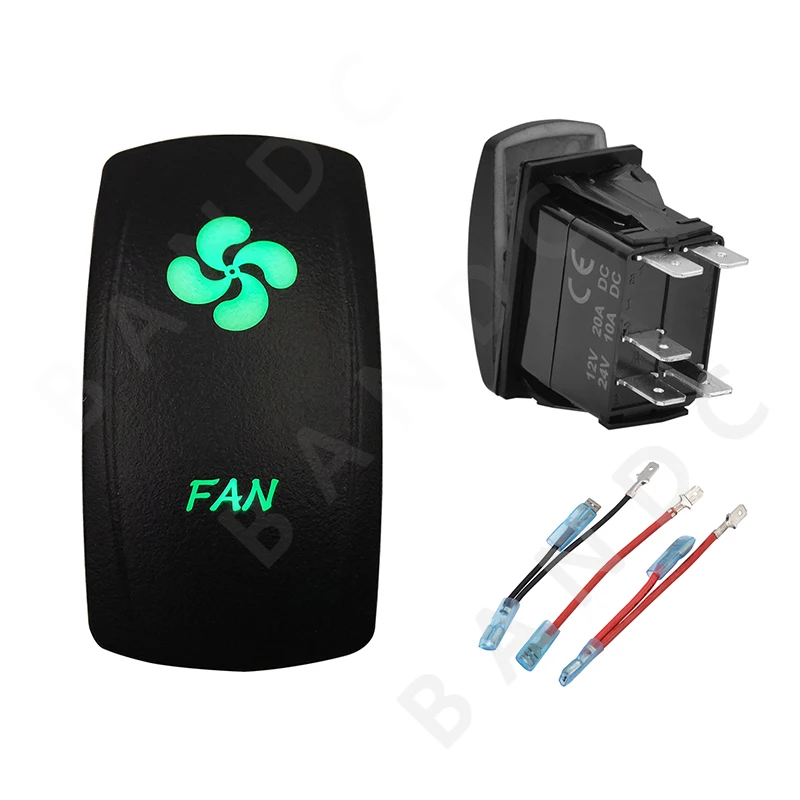 

FAN 5P ON-OFF SPST Green LED Light Laser-Etched Rocker Switch for the Car Boat Marine Yacht ARB RV Buses，Jumper Wires