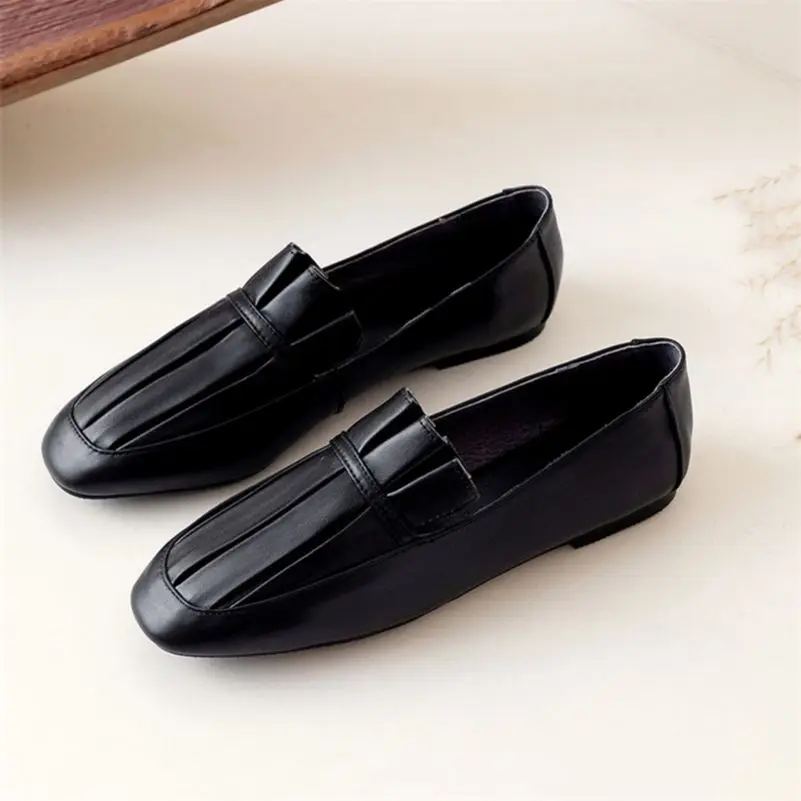 

Meotina Natural Genuine Leather Loafers Shoes Square Toe Flats Shoes Pleated Retro Ladies Footwear Autumn Beige 40 Cow Leather