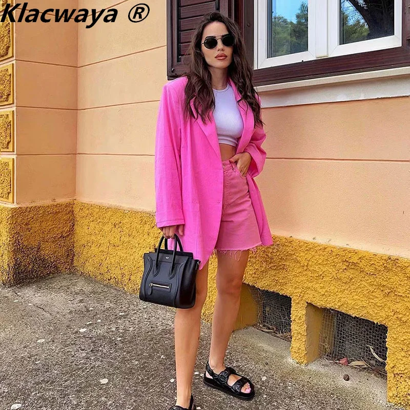 

Женский блейзер с карманами Klacwaya, розовый свободный однобортный Блейзер большого размера, осень 2021