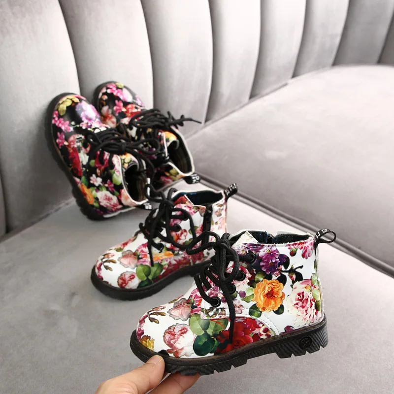 

Printed Floral Martin Boots 2021 Fall Winter New Boys Single Boots Patent Leather Girls Short Boots
