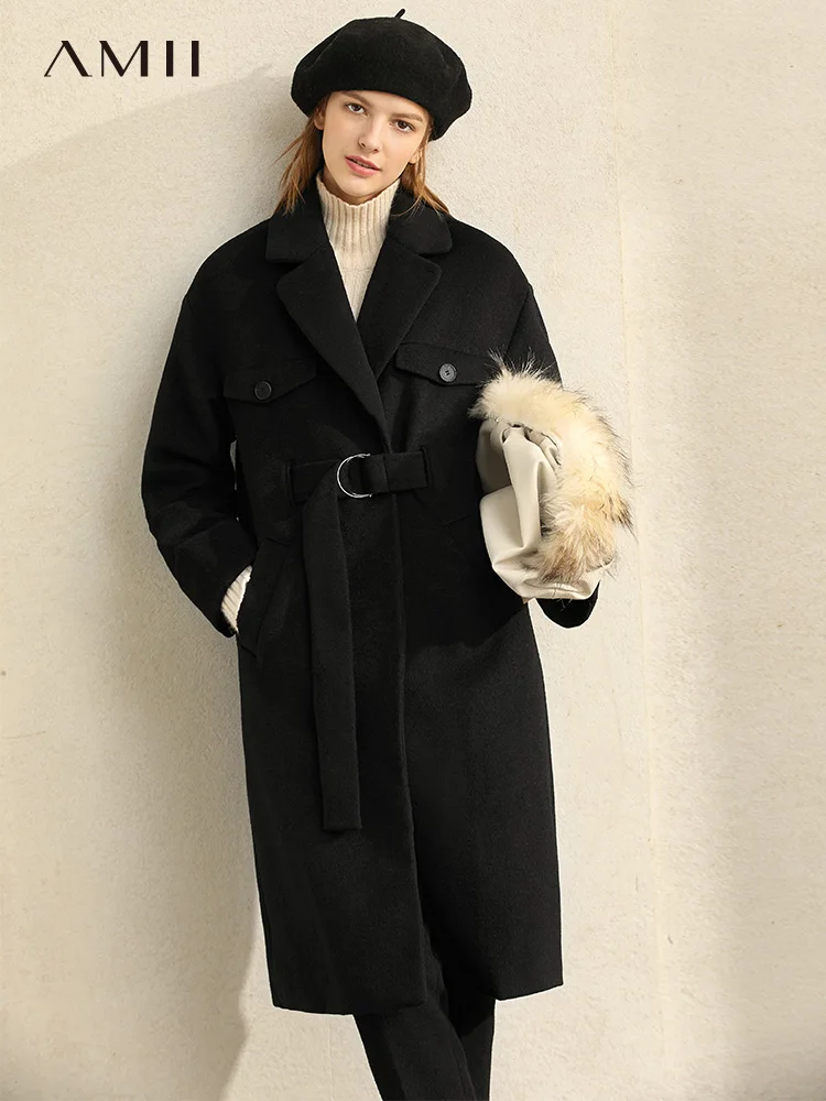 Amii элегантное шерстяное пальто Осеннее женское модное однотонное Свободное с
