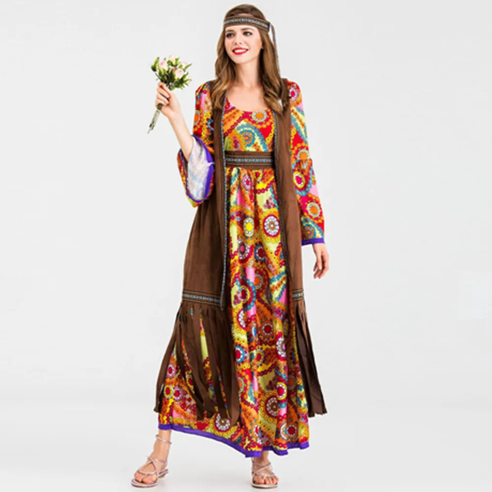 

M-XXL Adult 60's 70's Hippie Costume Carnival Purim Disguise Party Groovy Disco Native Night Club Cosplay Dress