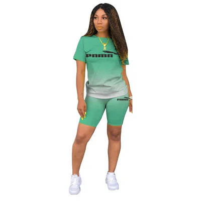 

2021New Summer Women Two Pieces Sets Tracksuits Gradient Short Sleeve Tops Shorts Suit Sporty Fitness Night Club 2 Pcs Outfit