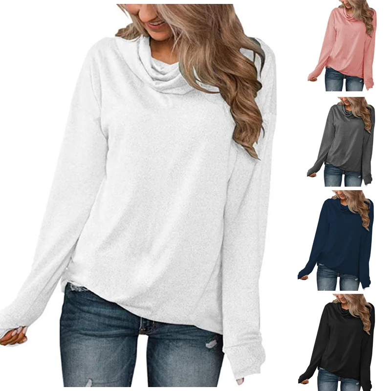 

Women's Autumn Solid Color Pullover Heap Collar Long Sleeves T-shirt Top