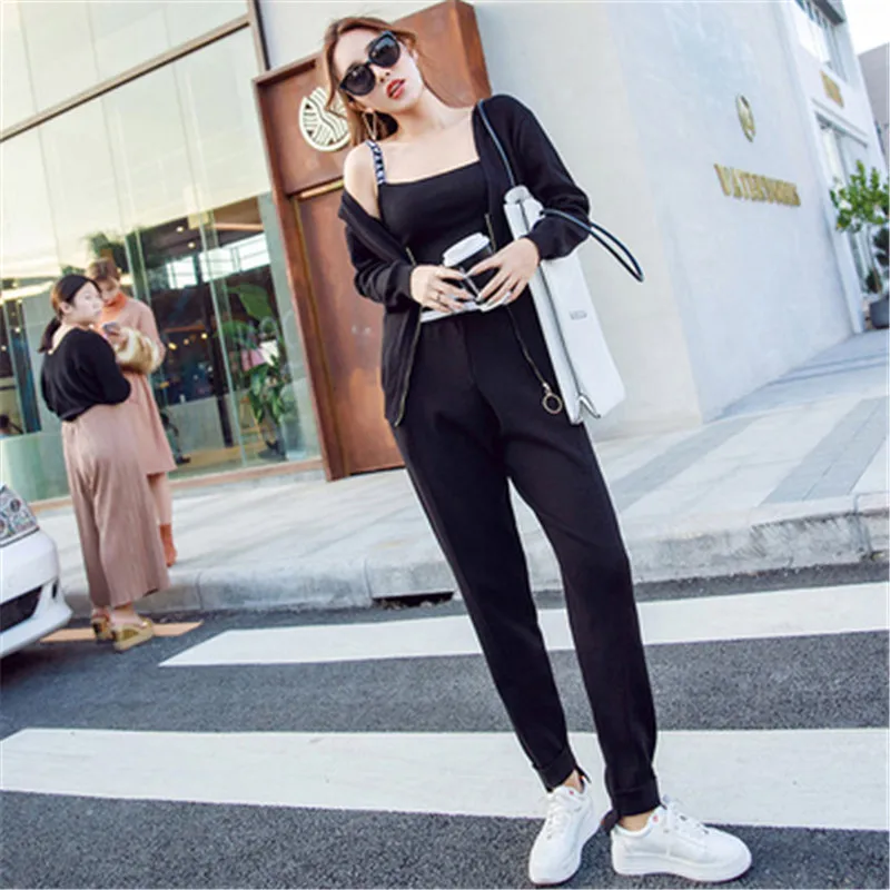 

CBAFU new spring autumn knitted 2 piece set women tracksuit zipper long sleeve knit coat cardigans pencil pants set elastic F713