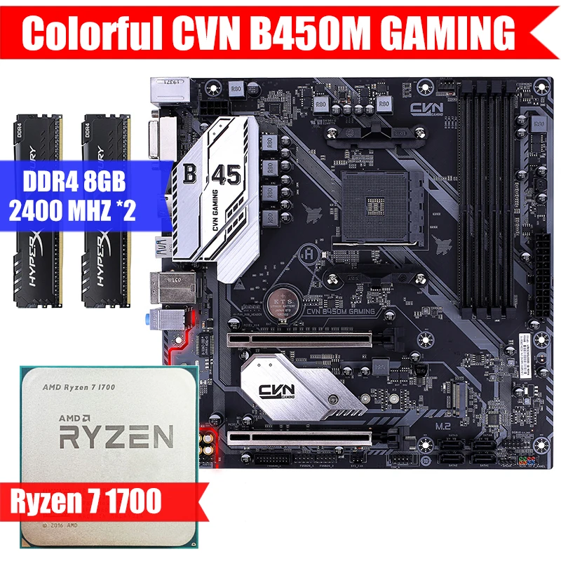 

Colorful CVN B450M GAMING & AMD CPU Ryzen 7 1700 & Kingston DDR4 8GB*2 Combination Kit M.2 USB3.0 Socket AM4 M-ATX/5900x/3700X