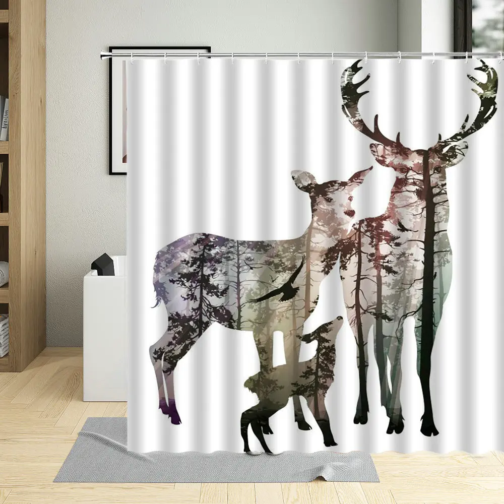 

Retro Fawn Waterproof Shower Curtain Forest Sika Deer Elk Tree Printing Classical Bathtub Decor Polyester Fabric Hanging Curtain