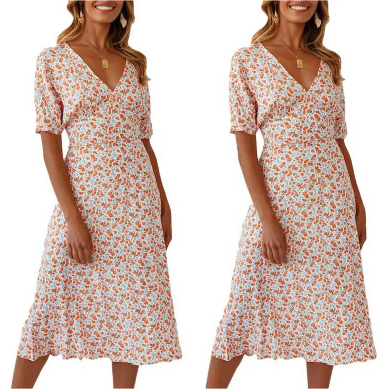 

Womens Short Sleeve Floral Printed Dress Casual V Neck Long Dress Beach Summer