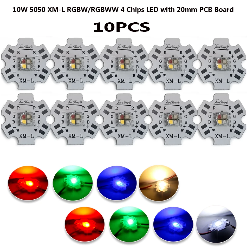 

10PCS/lot 10W XML RGBW RGBWW High Power led light-emitting diode Chip 5050 4 Chips with 20mm aluminium PCB Board