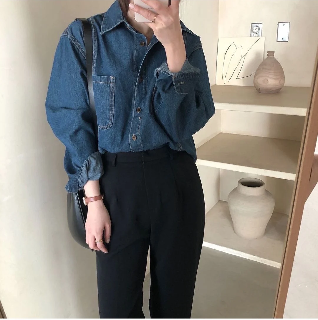 

Women Shirt 2021 Autumn Korean Chic All-Match Lapel Single-Breasted Loose Pocket Long-Sleeved Washed Blue Denim Blouses