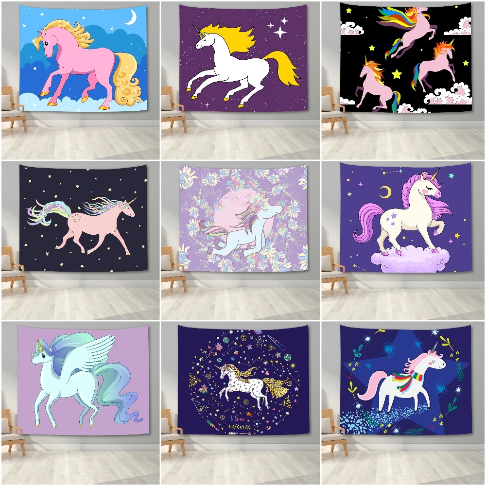 

Cartoon Unicorn Pattern Tapestry For Children's Bedroom Wall Hanging Tapestry Home Office Dorm Background Cloth Wall Tapestry