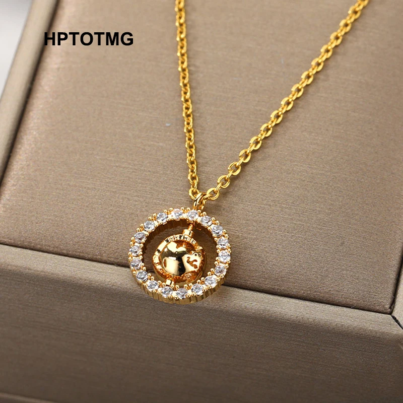 

Cubic Zircon Rotatable Globe Bead Pendant Necklace for Women Men Stainless Steel Gold Chain Goth Aesthetic Choker Jewelry Gifts