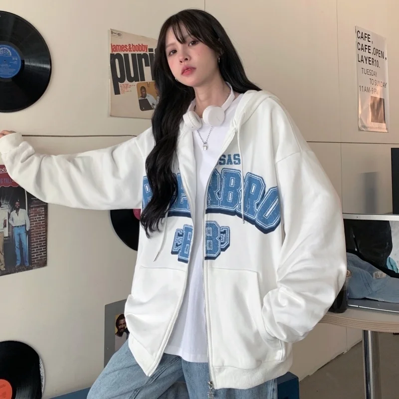 

Real Shot Cotton Thin Sweater Women's Hooded Zip Cardigan Words