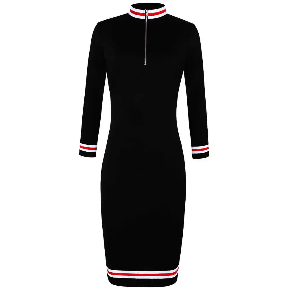 

Spring Summer Dress Women 2021 Elegant Sexy Zipper High Elasticity Dress Casual Long Sleeve Slim Striped Pencil Bodycon Dresses