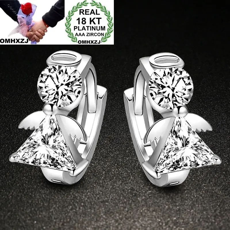 

OMHXZJ Wholesale Personality Fashion OL Woman Girl Party Wedding White Angel Zircon 18KT Gold White Gold Hoop Earrings YE394
