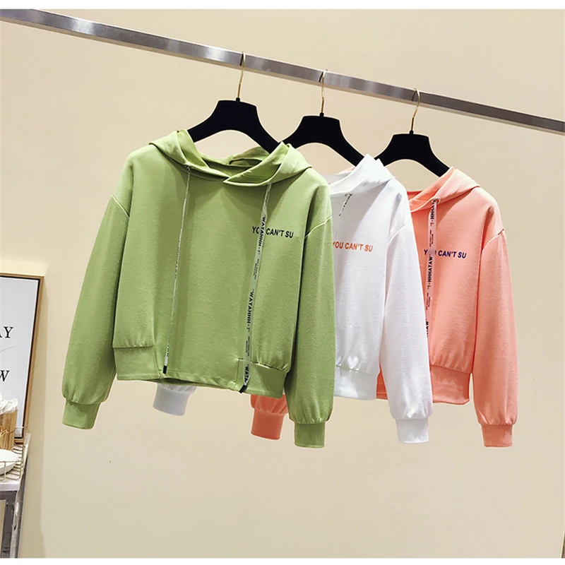 Женские укороченные толстовки с капюшоном новые корейские пуловеры длинным