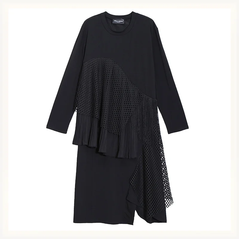 

Женское асимметричное плиссированное платье, черное ажурное платье свободного покроя с круглым вырезом и длинным рукавом, весна-осень 2021