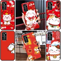 red lucky cat phone case for huawei p smart z 2021 2019 p30 p20 p40 lite pro plus cases back cover funda coque carcasa