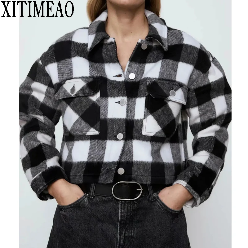 

Vintage Stylish Pockets Oversized Plaid Short Jacket Coat Women 2021 Fashion Lapel Collar Long Sleeve Loose Shirt Chic To