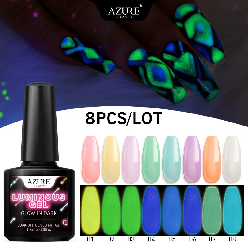 

Azure Beauty 8Pcs/Lot Luminous Gel Fluorescent Effect Gel Nail Varnish UV Glow In The Dark Gel Polish Lacquer Need Top Base Gel