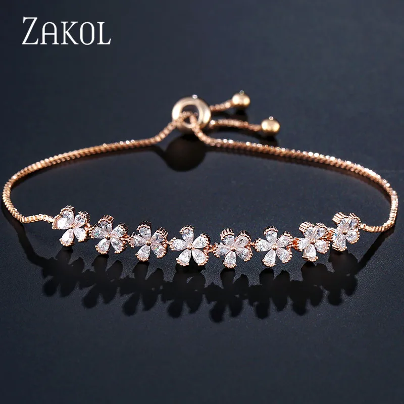 ZAKOL, Новое поступление, белый Фианит, циркон, камни, цветок, шарм, регулируемые браслеты для женщин, модные свадебные ювелирные изделия, FSBP2136 - Окраска металла: Rose Gold Color
