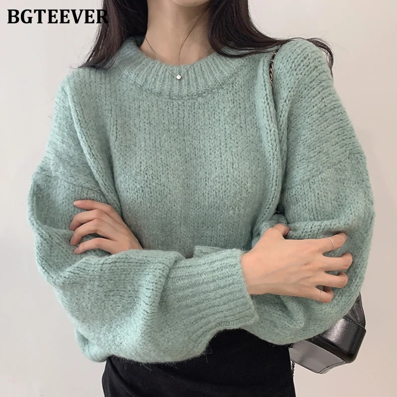 BGTEEVER 2019 Зимний Простой свободный женский свитер с круглым вырезом цвета Макарон