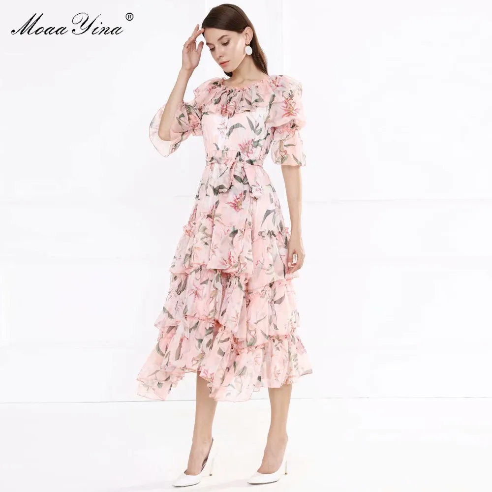 Женское дизайнерское платье MoaaYina шифоновое с цветочным принтом и оборками весна