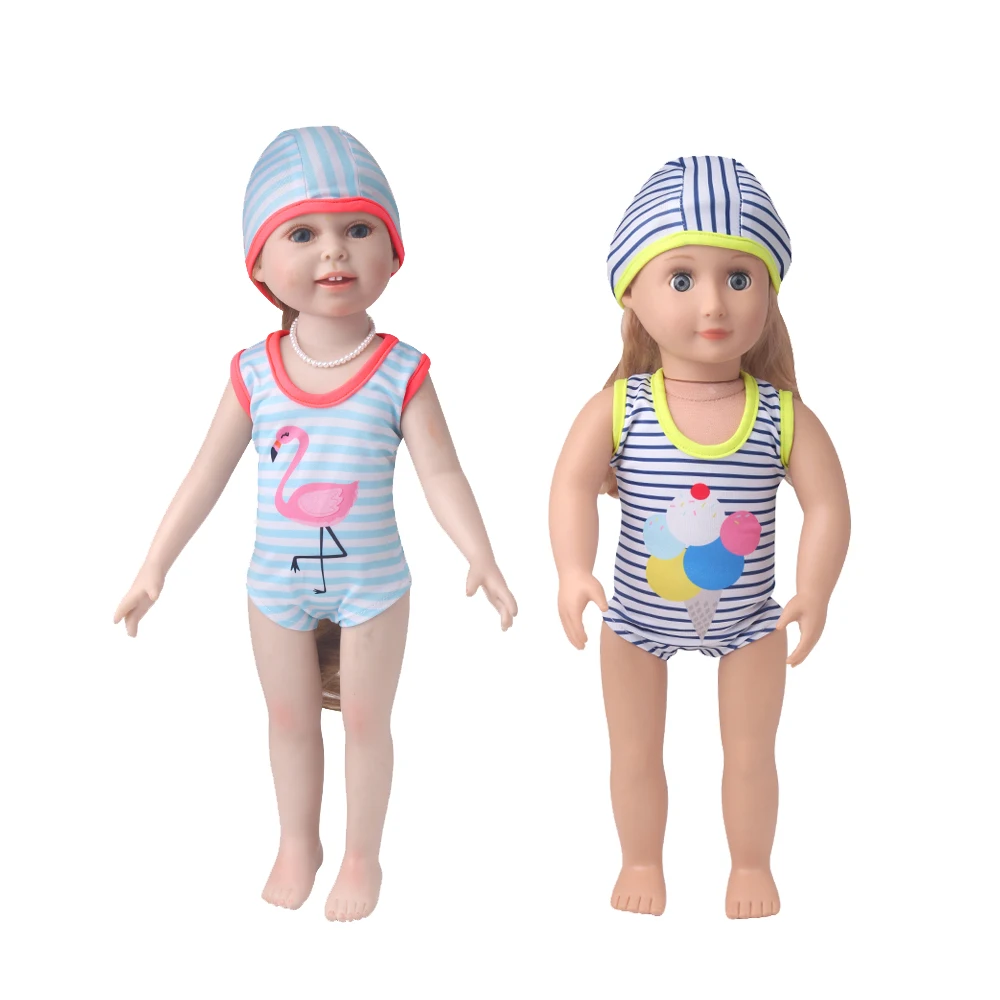 

18 inch Girls doll swimwear Print striped suit + swimming cap American newborn skirt Baby toys fit 43 cm baby dolls c894