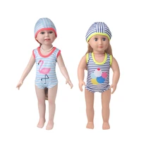 18 inch girls doll swimwear print striped suit swimming cap american newborn skirt baby toys fit 43 cm baby dolls c894