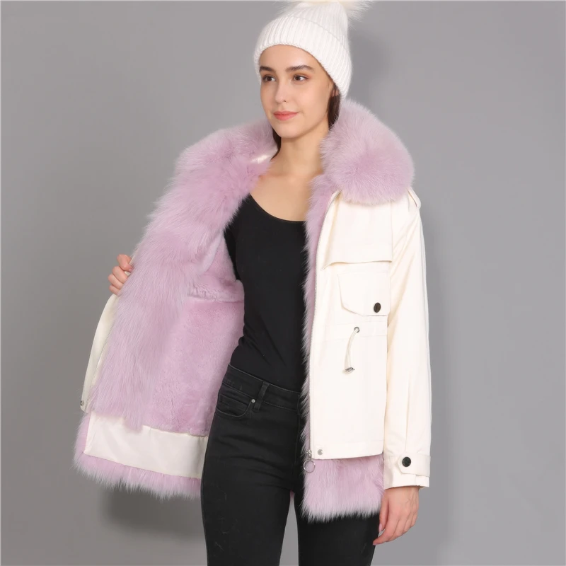 

2019 Winter Women Jackets Thick Warm Large Fox Fur Collar Coat Female Cotton Shell New Fashion Rabbit Fur Lining Ladies Parkas