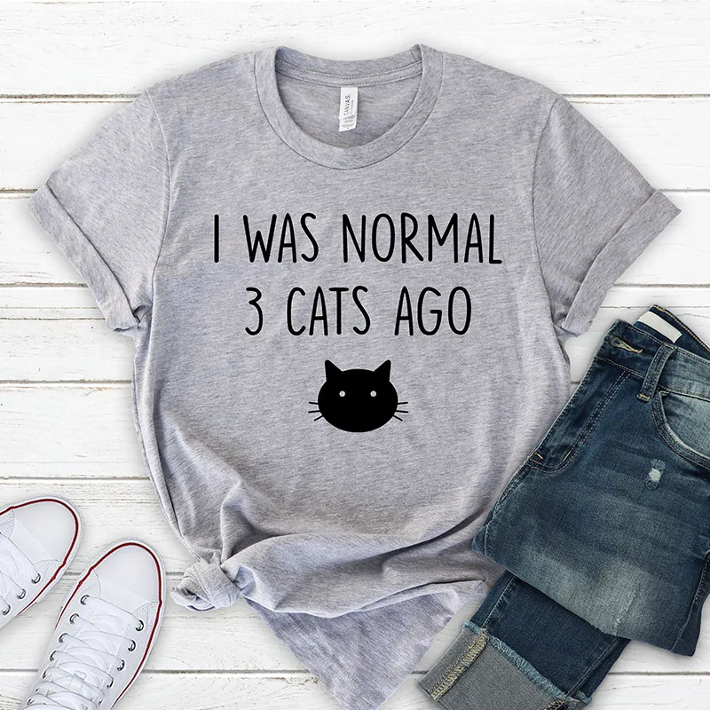 

i was normal 3 cats ago Women's Short sleeve Cotton Funny Letter Graphic crewneck Tshirt top tees for cat mom mama mother