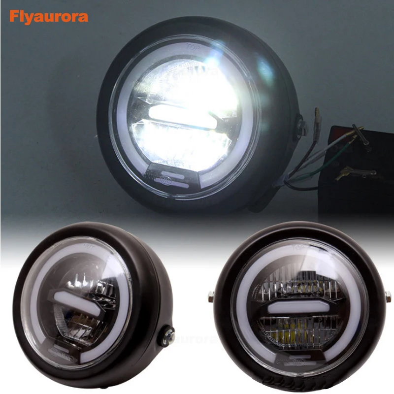 6.5inch For CG125 GN125 Cafe Racer Bobber Custom Motorcycle Metal Projector DRL LED Front Headlight With Angel Eye Hi/Lo Beam |