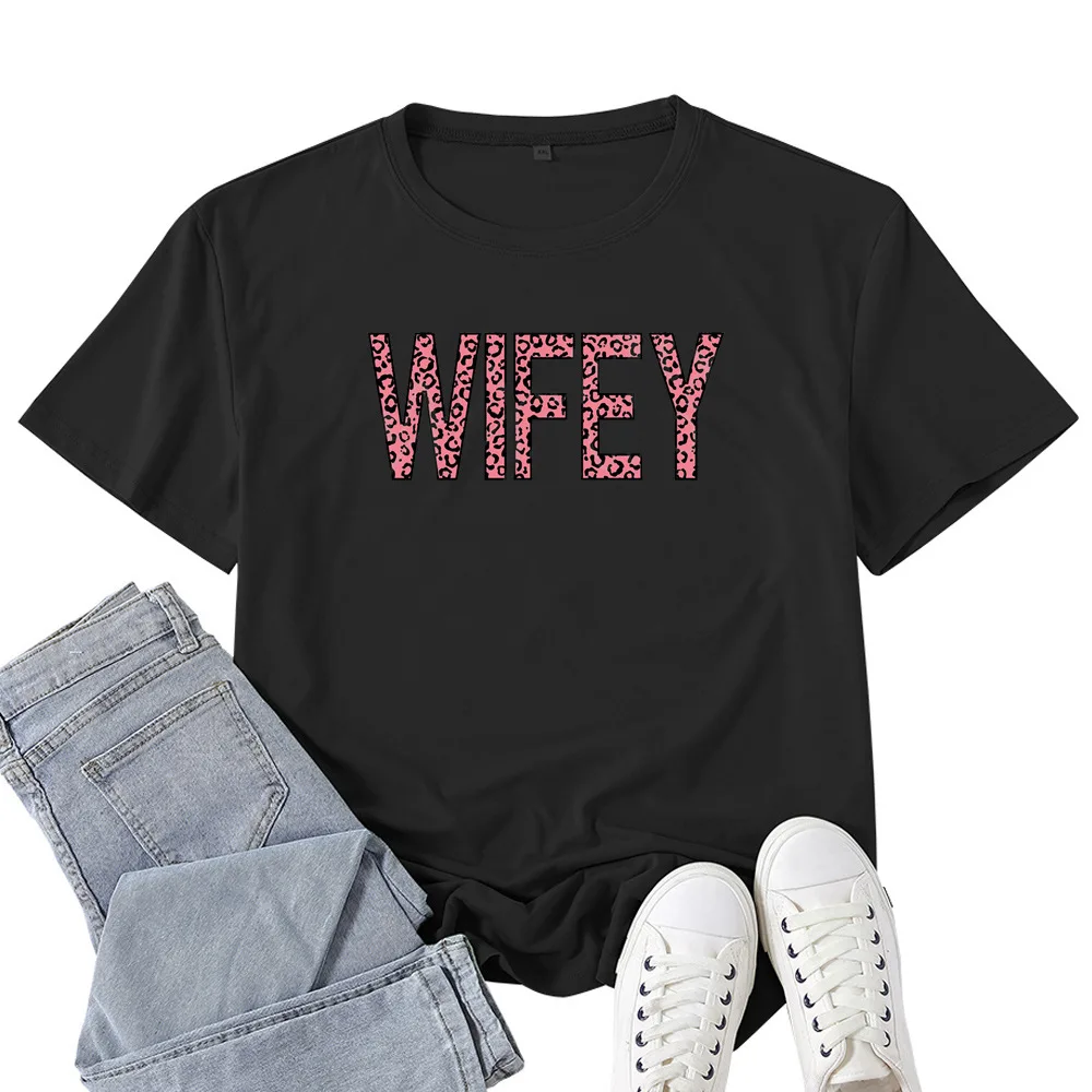 

Pink Leopard WIFEY Print T Shirt Women Short Sleeve O Neck Loose Tshirt Summer Women Causal Tee Shirt Tops Camisetas Mujer
