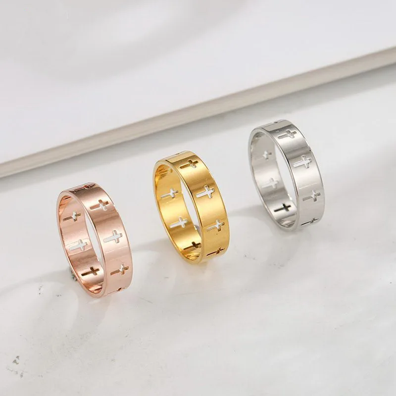 

3 Color Stainless Steel Punk Hollow Cross Rings For Women Men Couple Lovers Finger Ring Party Engagement Wedding Jewelry Gifts