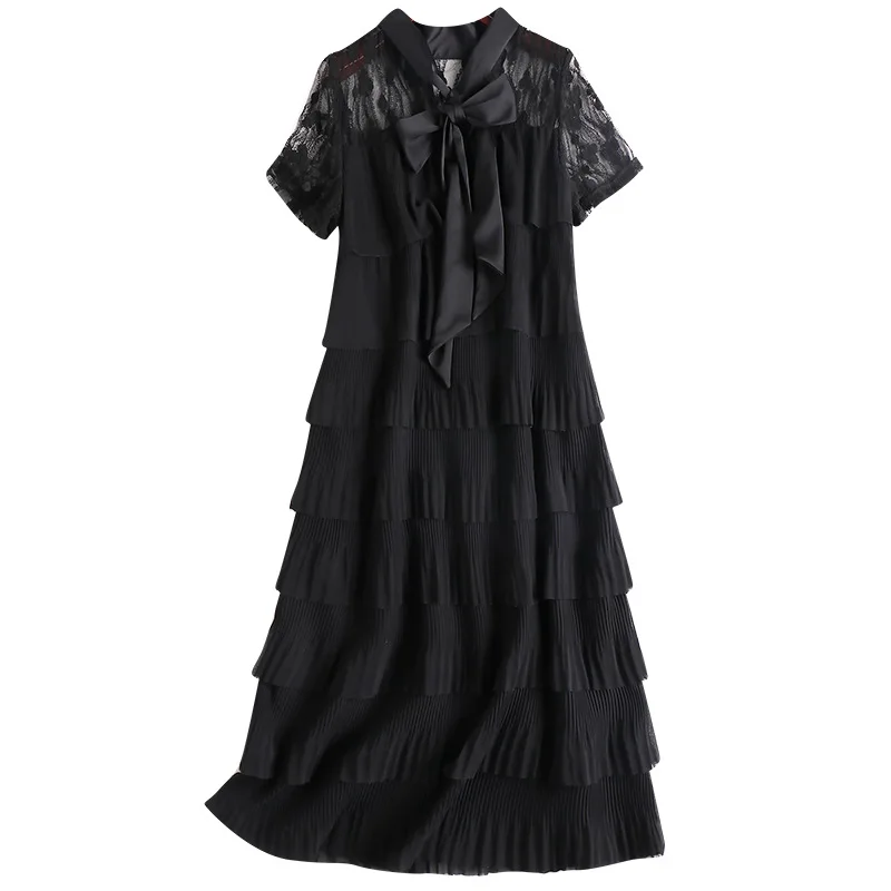 

Vintage Lace Matchwork Black Dress Ladies French Elegant Midi Dress Women Short Sleeve Waist Slimming A-Line Dresses Summer