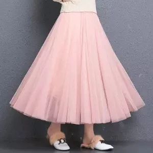 Pink Тюлевые юбки женские миди плиссированные юбки черные розовые эластичные тюлевые юбки с высокой талией корейские новые весенние летние винтажные сетчатые юбки-пачки - Цвет: Pink