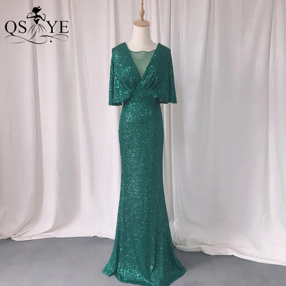 In Stock Green Mermaid Evening Dresses Short Sleeves Sexy V Neck Evening Gown Sequin Glitter Bat Sleeves Formal Party Gown