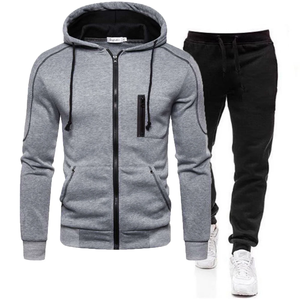 Men's Autumn Winter Tracksuit Zipper Hoodie and Pants 2 Piece Casual Sportswear Jogger Running Suit Fitness Sweatshirt Cardigian