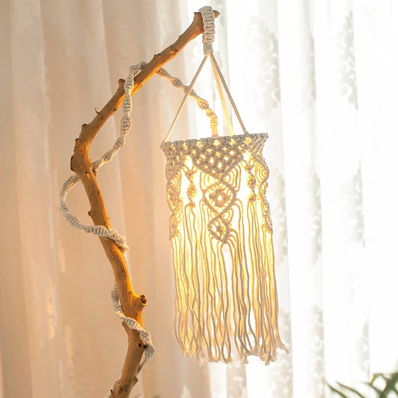 

Bohemian Hand-Woven Tassel Lampshade,Ceiling Chandelier Lampshade & Macrame Woven Wall Hanging Mirror Round Boho Tassel