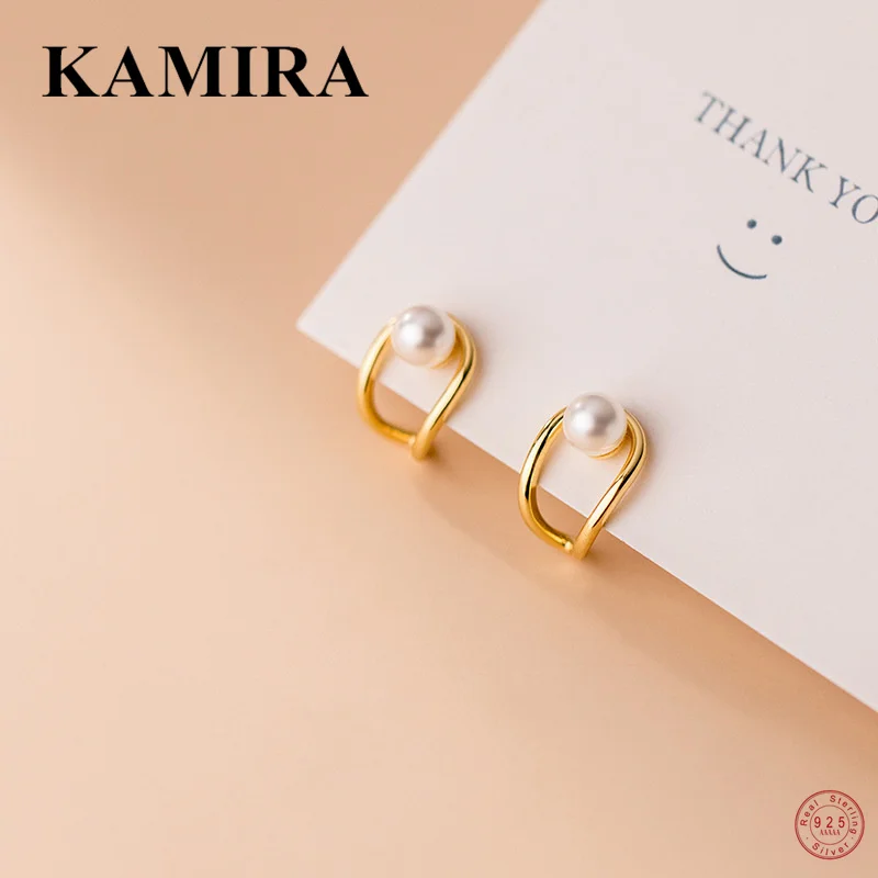 

KAMIRA 925 Sterling Silver Trendy Romantic Geometric Hollow Pearl Stud Earrings for Women Wedding Luxury Simple Jewelry Gift Ins