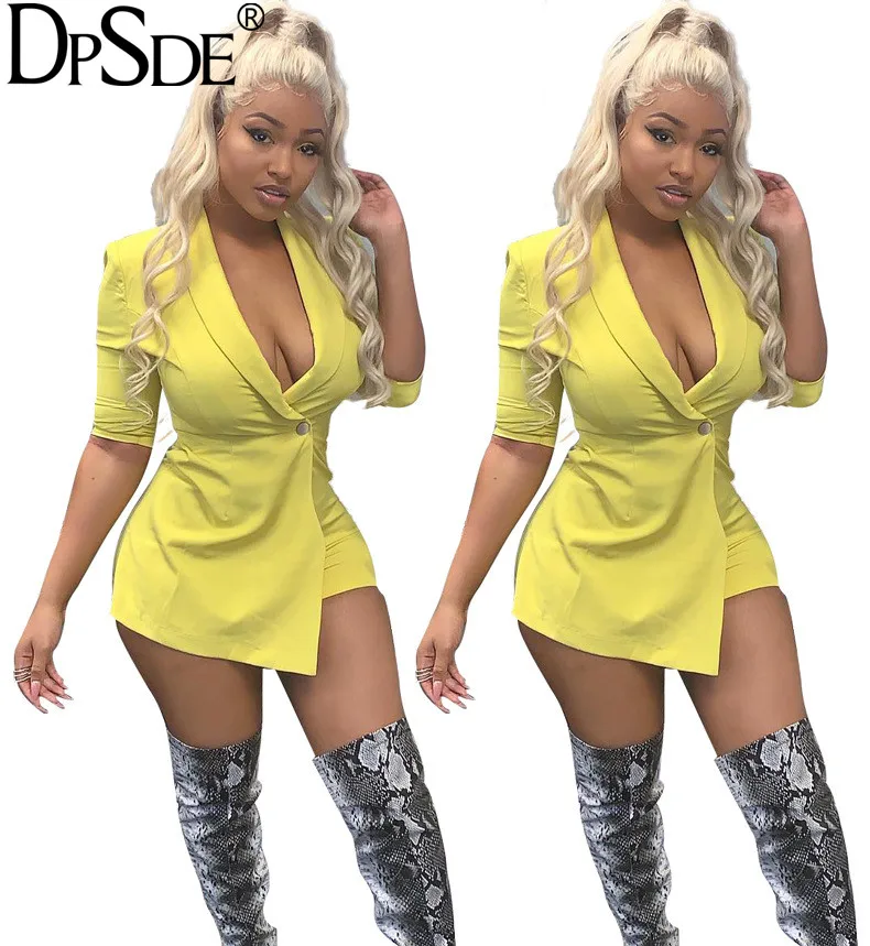 DPSDE Yellow Age Reduction Bodycon Playsuit V-Neck Full Sleeve Women Party Collect Waist Autumn New 2020 Sexy Catsuit | Женская одежда