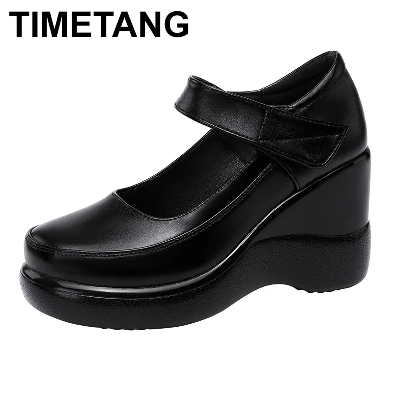 

TIMETANG 2020 spring leather women platform shoes high heels round toes ankle strap black women pumps big size 33-43