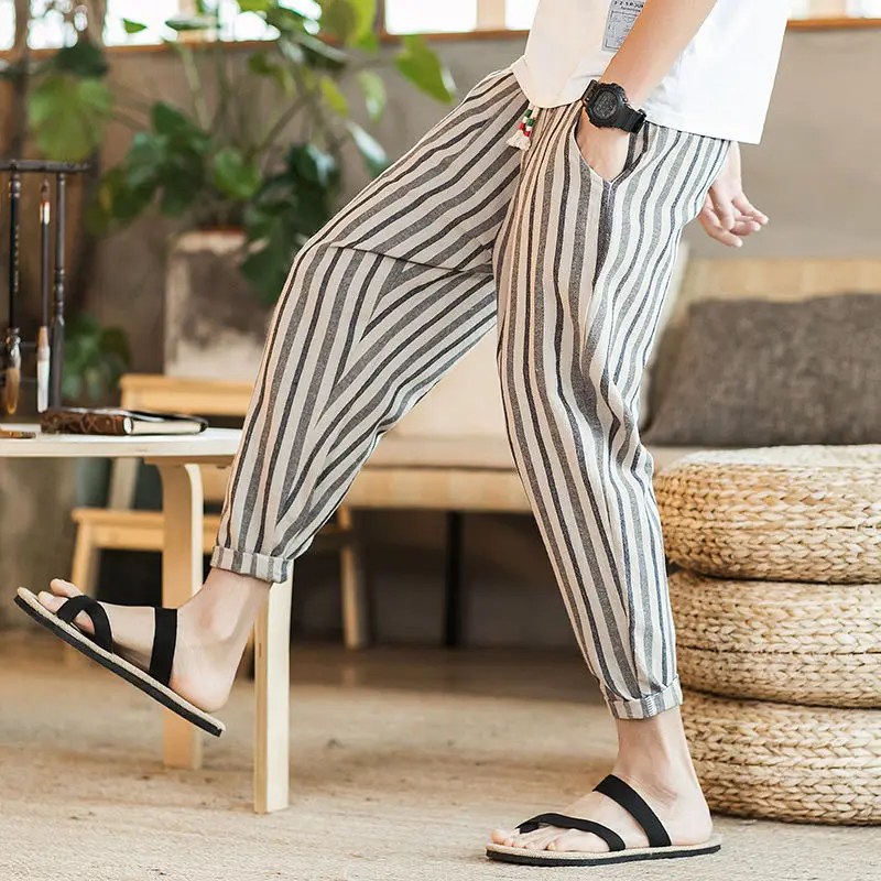

Summer thin breathable vertical stripe linen casual Capris for men