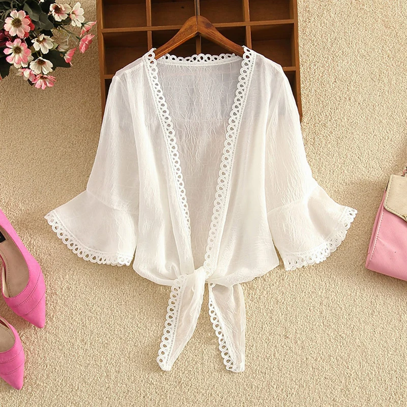 

White Outerwear Vintage New Women Flare Sleeve Jacket Summer Chiffon Cardigan Thin Coats Ladies Elegant Cropped Jacket
