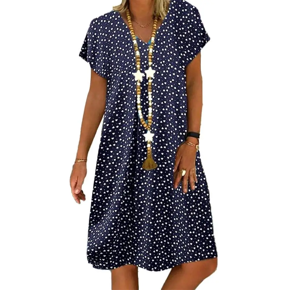

Women Dresses Summer V Neck Casual Short Sleeve Dot Heart Print Loose Knee-length Dress Women's Clothing 2021