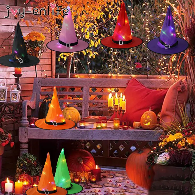 

1pcs Halloween Witch Hat with LED Light Glowing Witches Hat Hanging Halloween Decor Suspension Tree Glowing Hat for Kids