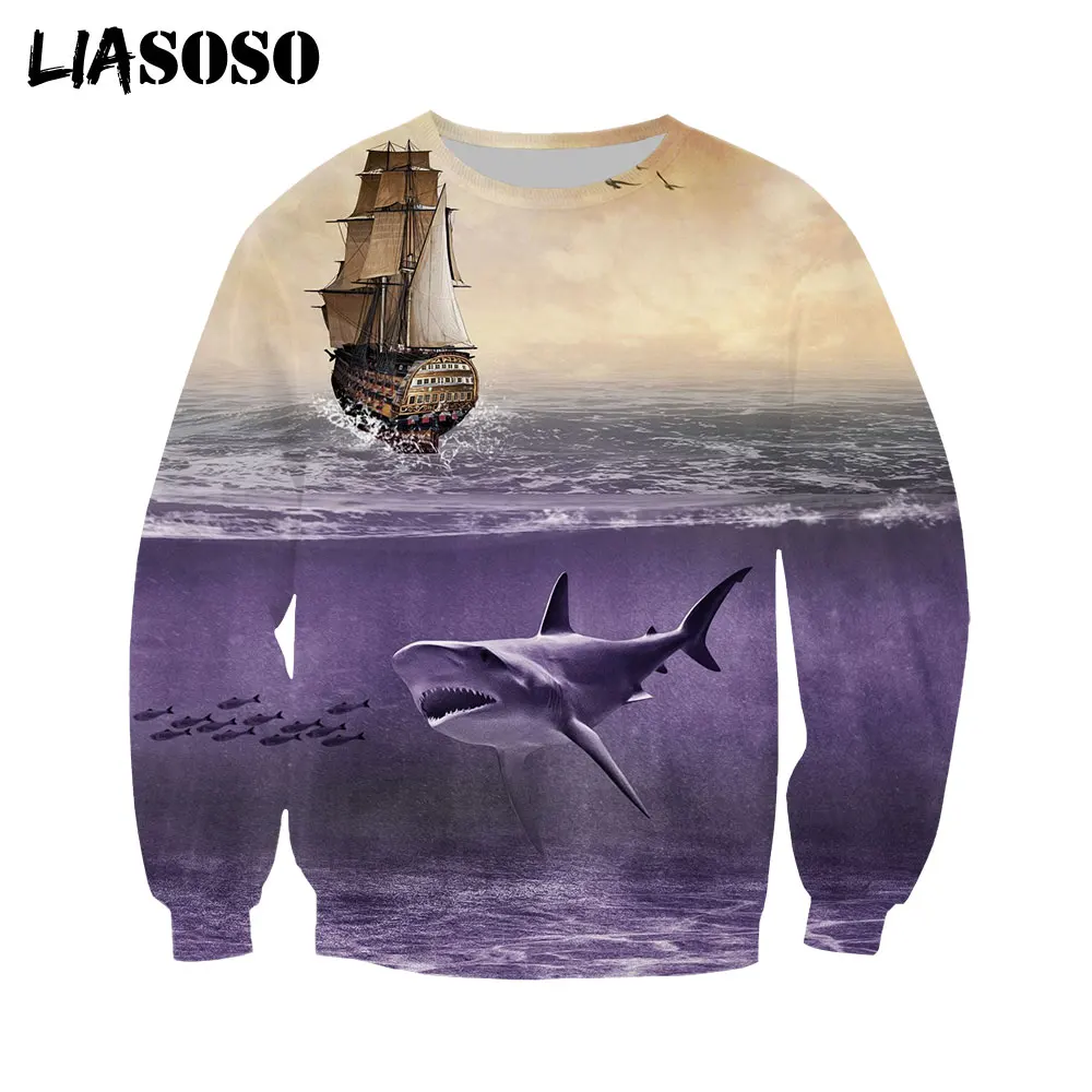 

LIASOSO Men Women T-Shirt Autumn Sweater 3D Printing Shark Long-Sleeved Fashion Pattern Design Sports Street Clothing