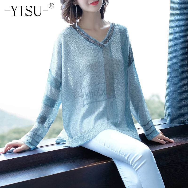 

YISU Mohair Sweater Women Loose Casual V-neck Long sleeve Pullovers Mohair Jumper Autumn Winter Soft Thin Sweater Women