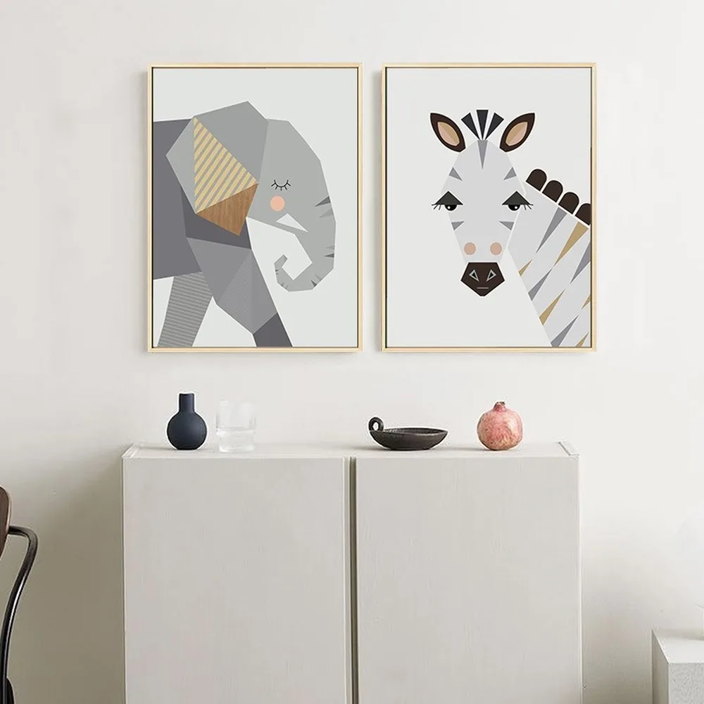 Мультяшные Геометрические Животные холст живопись милый слон Лев тигр плакаты