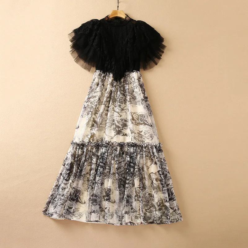 

European and American women's autumn 2021 new Lace Mosaic printing Fashion pleated dress two-piece